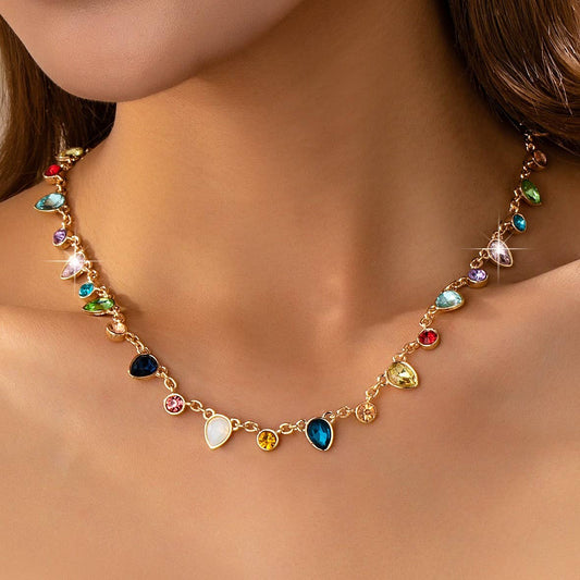 Rainbow Teardrop Gemstone Charm Necklace