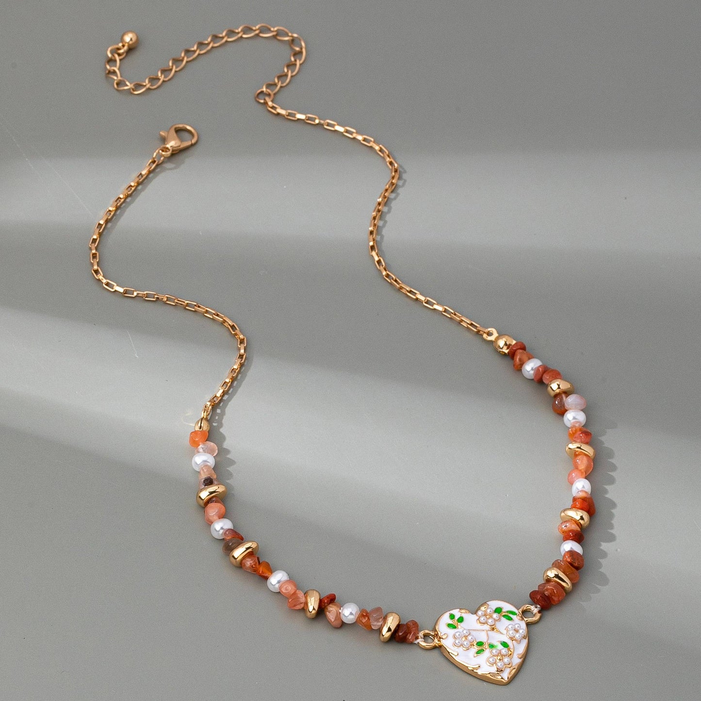 BEADED STONE CHAIN FLORAL PEARL HEART CHARM