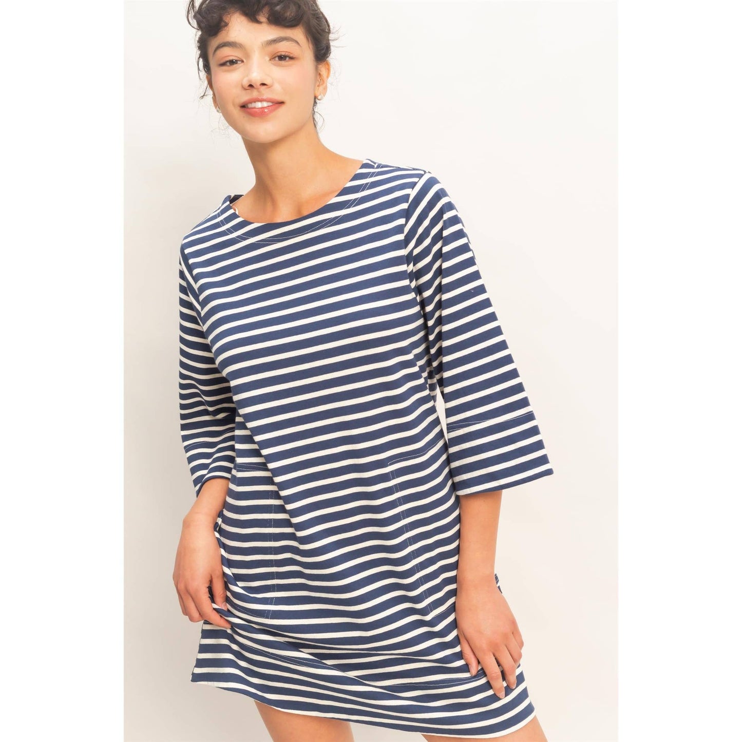 Striped Round Neck Half-Sleeve Mini Dress