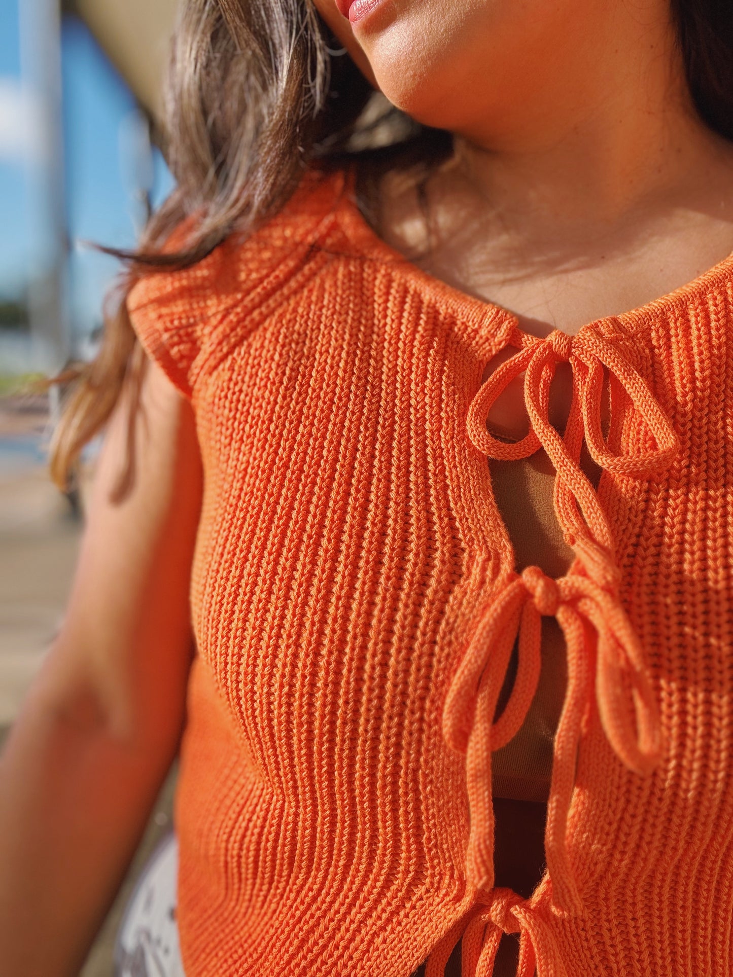 Orange Summer Front Tie Sleeveless Cardigan