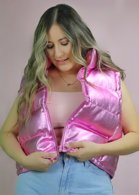 Futuristic Metallic Pink Puffer Vest