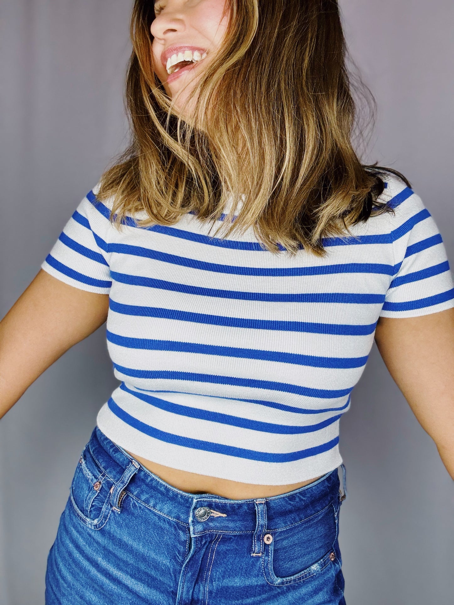 Stripe Blue Crop Knit Top