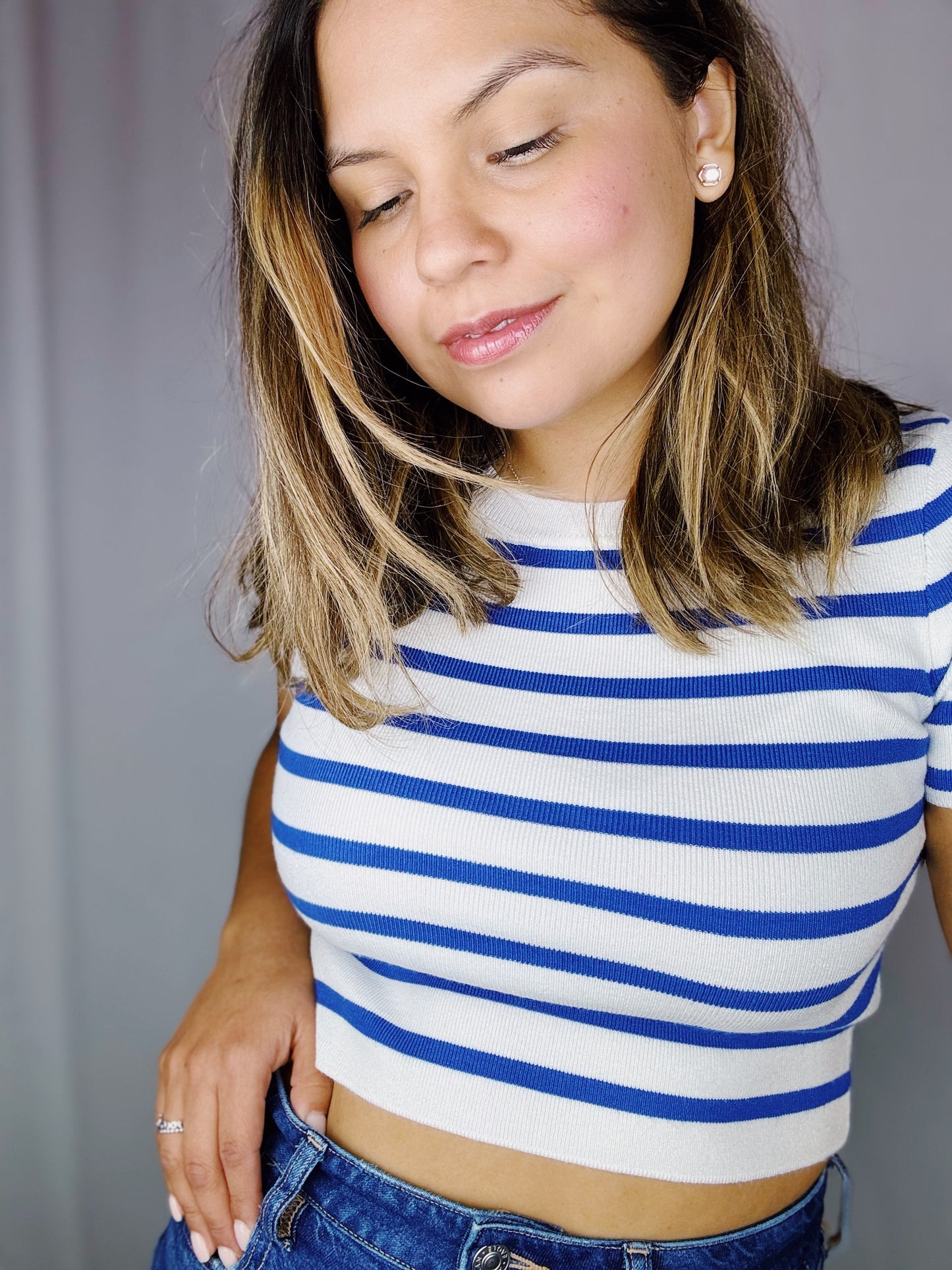 Stripe Blue Crop Knit Top