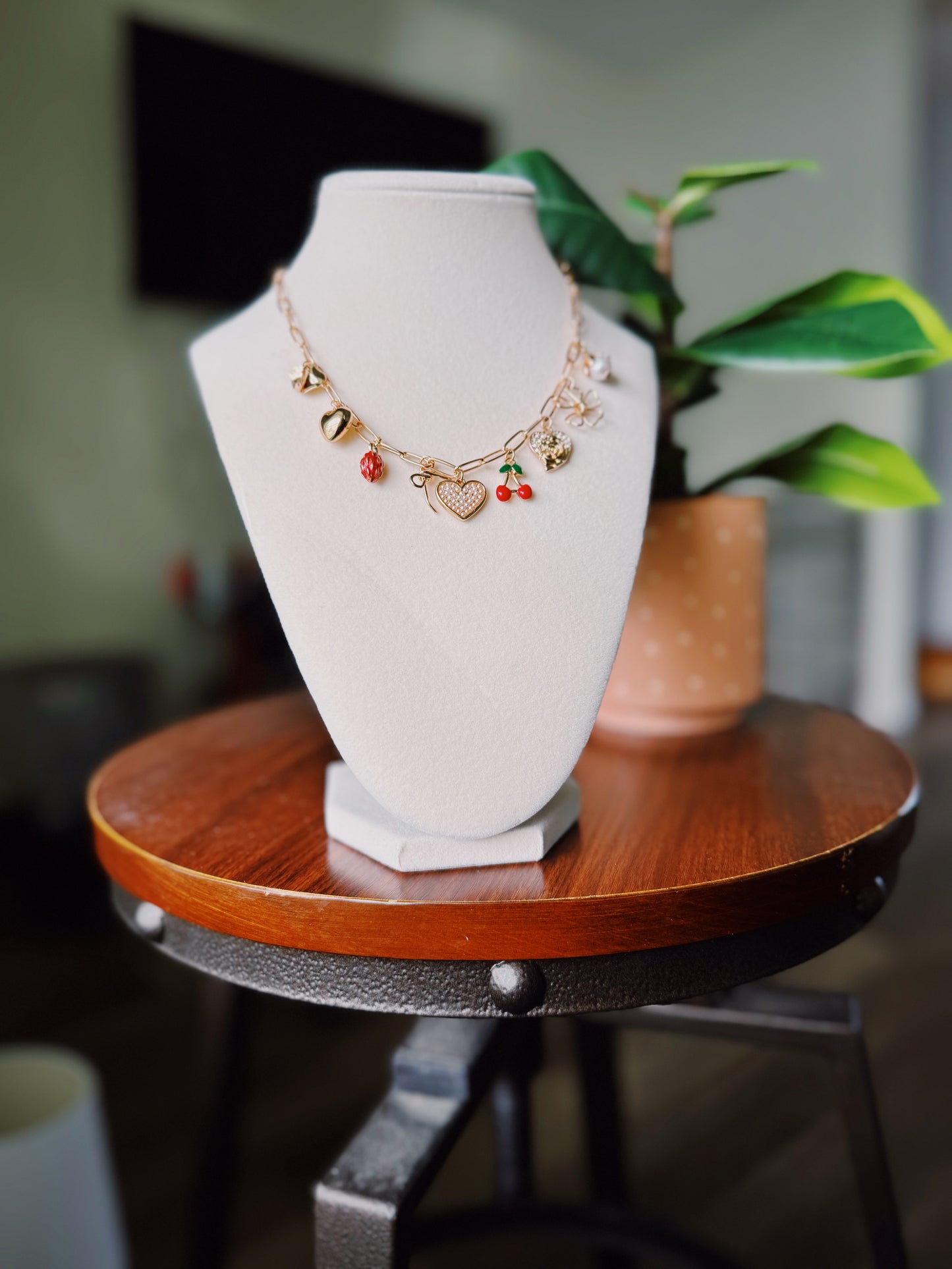 Heart-Cherry Gold Multi-Charm Necklace