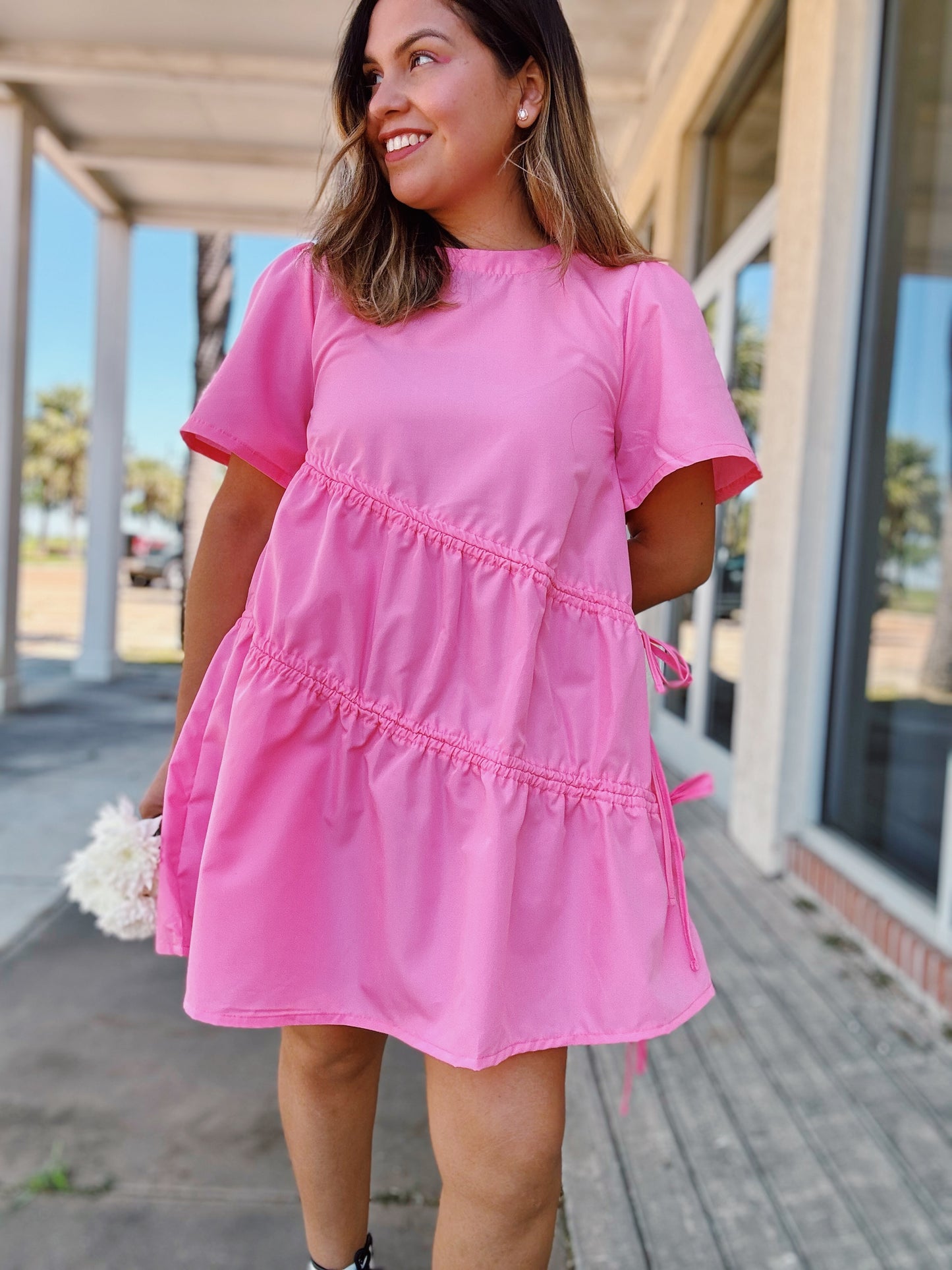 Bubblegum Flowy Bow Tie Dress