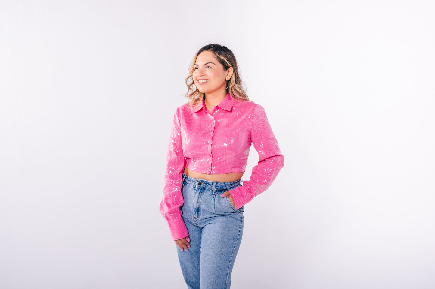 Pink Sequin Button-Up Crop Top