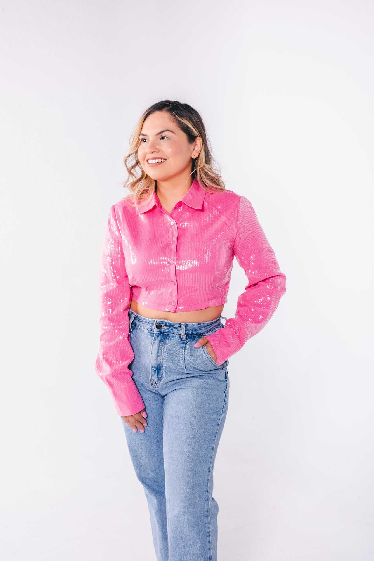 Pink Sequin Button-Up Crop Top