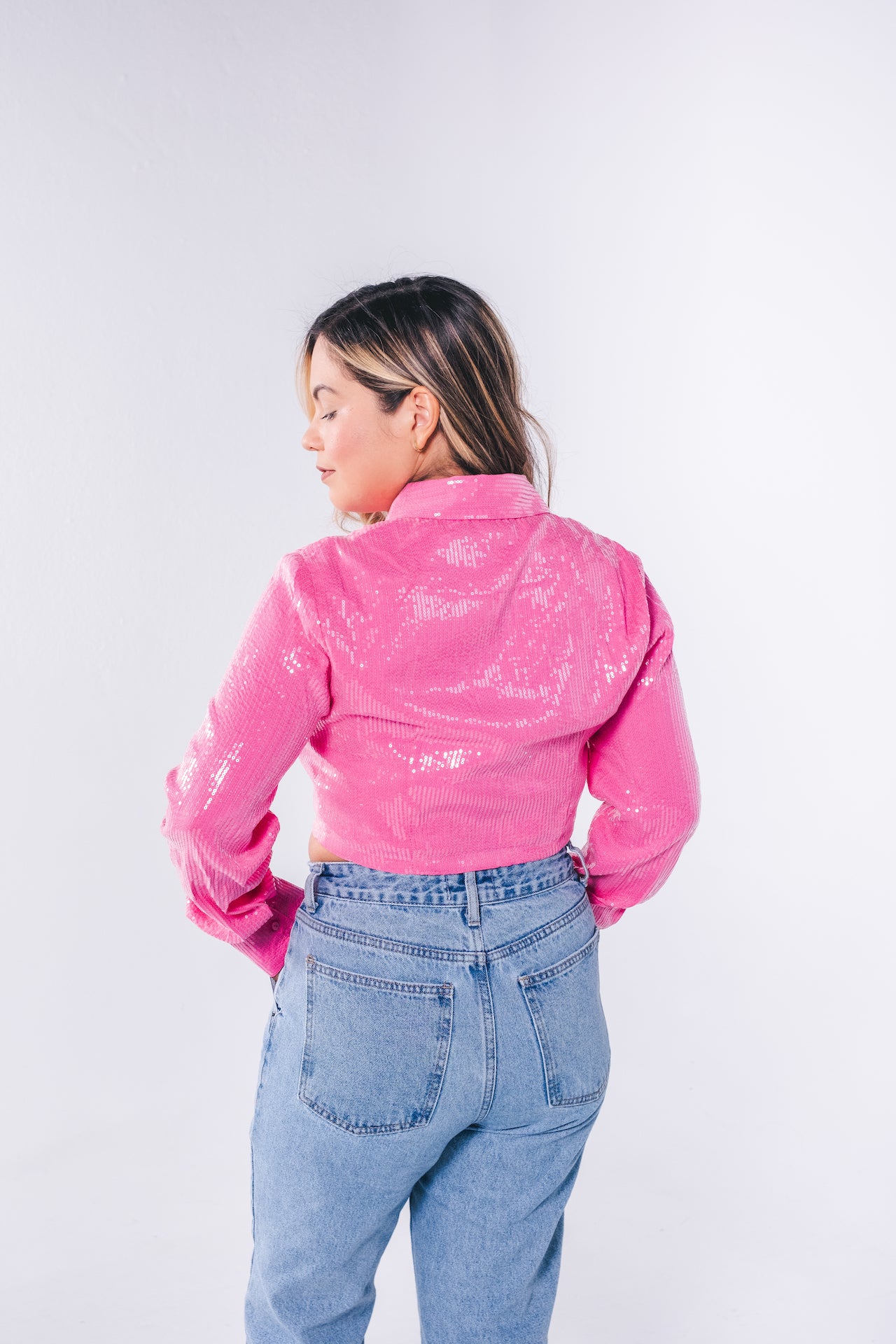 Pink Sequin Button-Up Crop Top