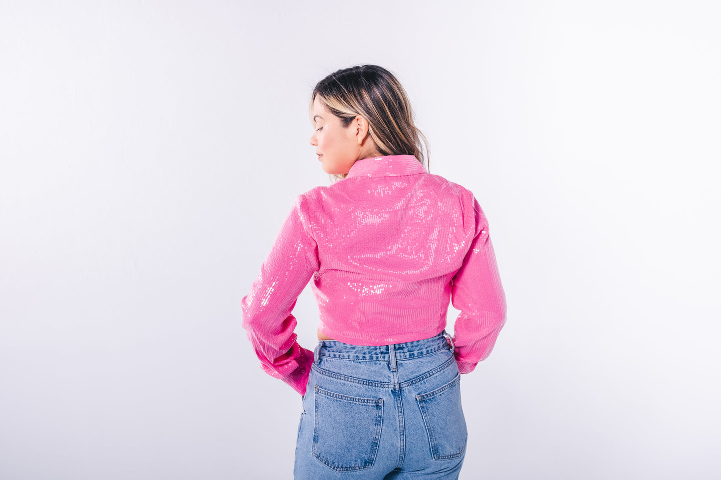 Pink Sequin Button-Up Crop Top