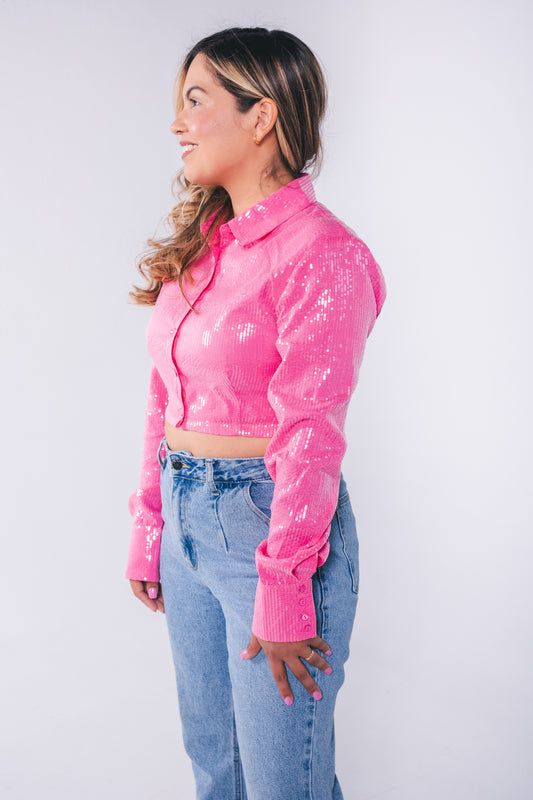 Pink Sequin Button-Up Crop Top