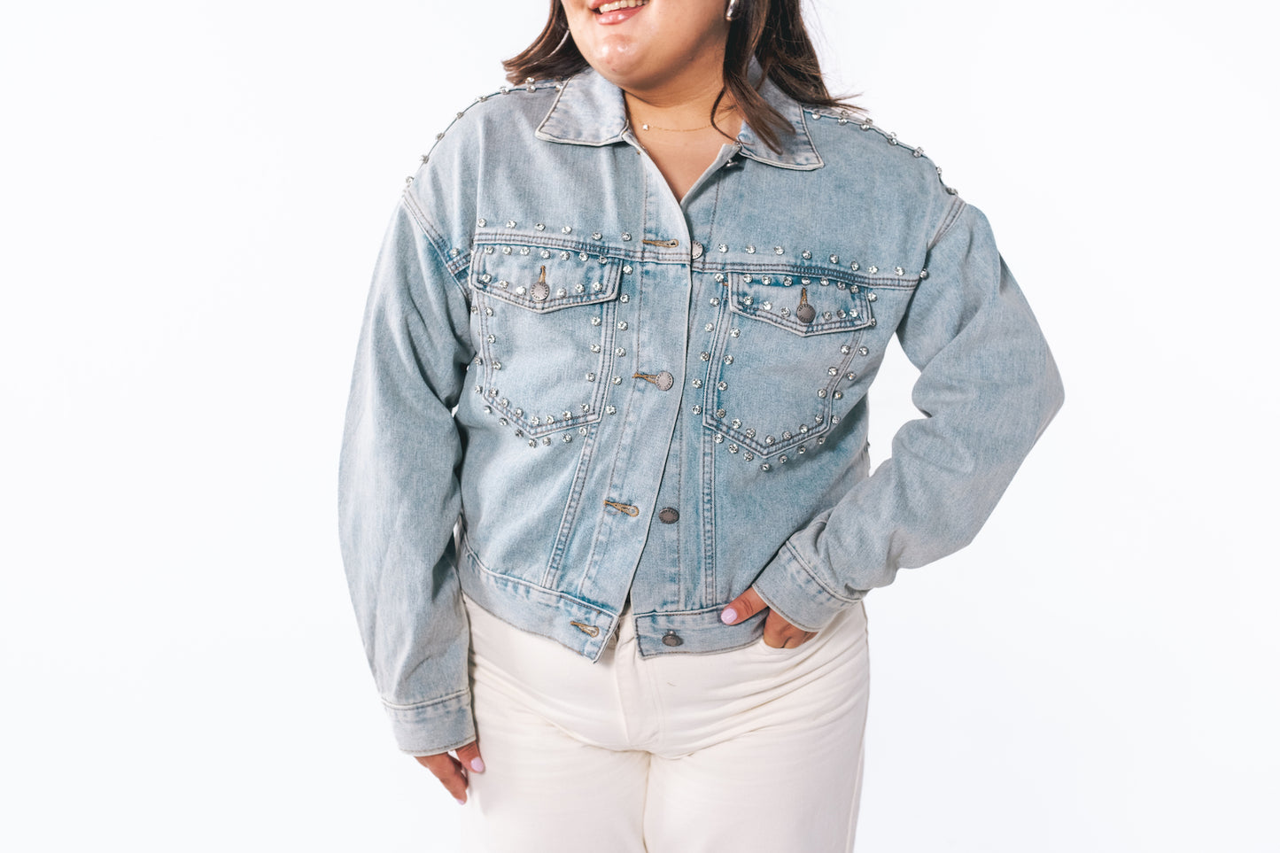 Rhinestone Washed Denim Jacket