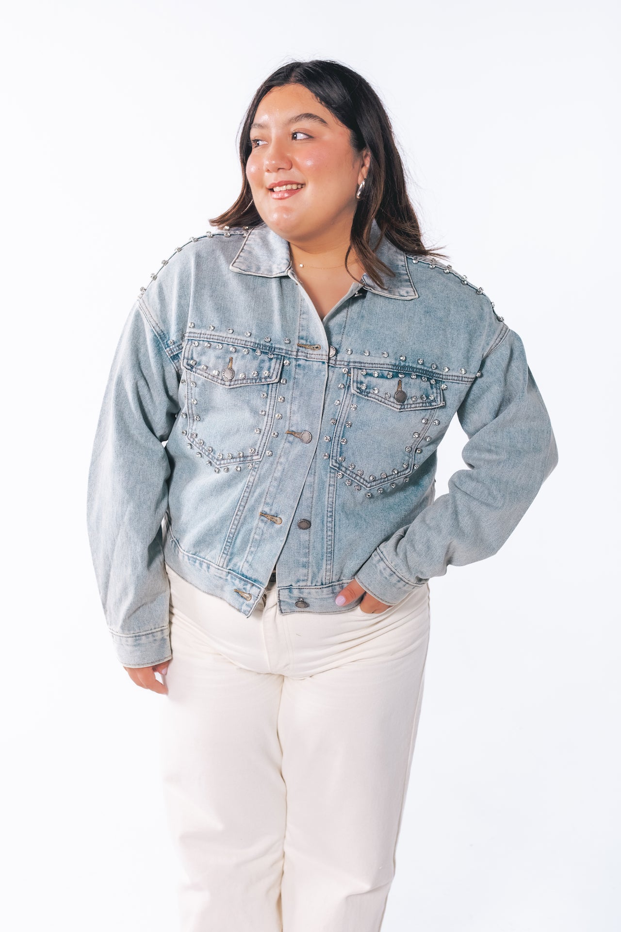 Rhinestone Washed Denim Jacket