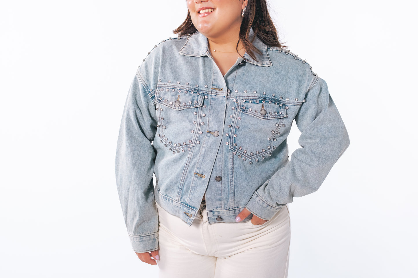 Rhinestone Washed Denim Jacket