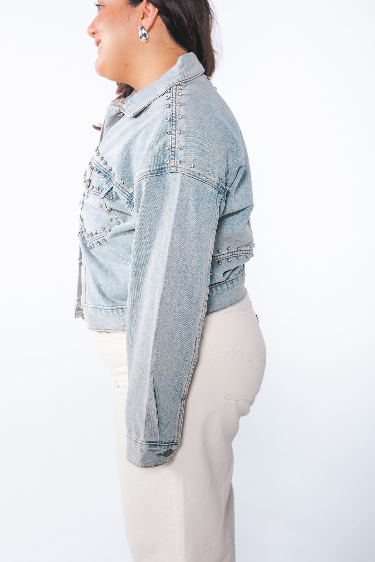 Rhinestone Washed Denim Jacket