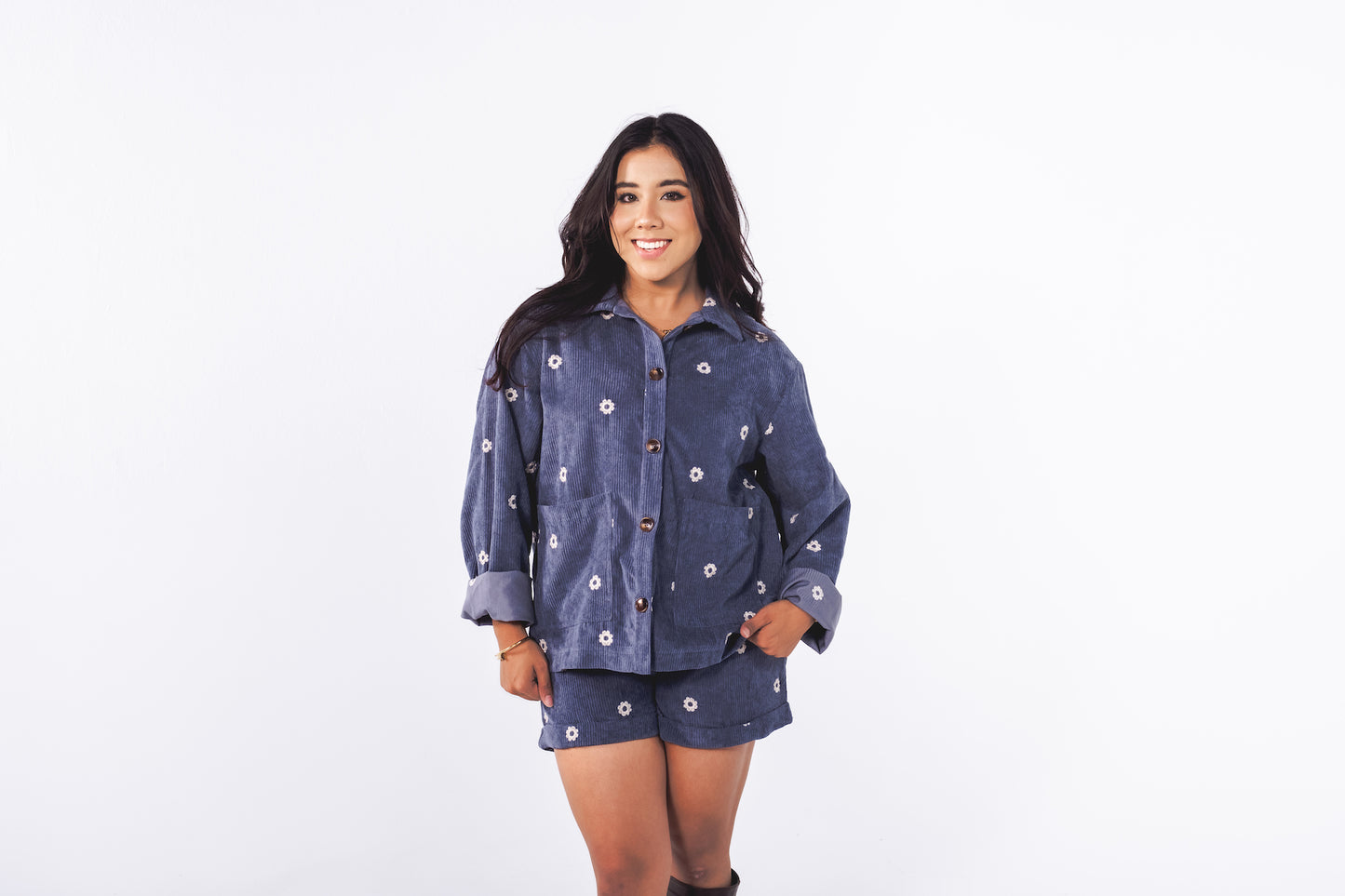 Flower Navy Corduroy Button Down-Set