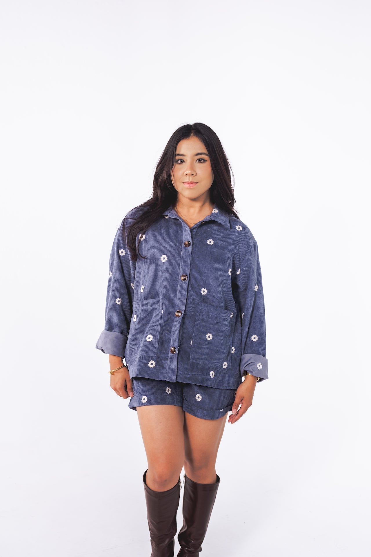 Flower Navy Corduroy Button Down-Set