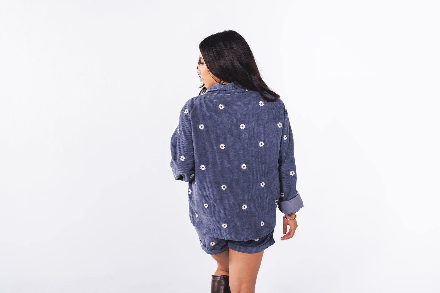 Flower Navy Corduroy Button Down-Set