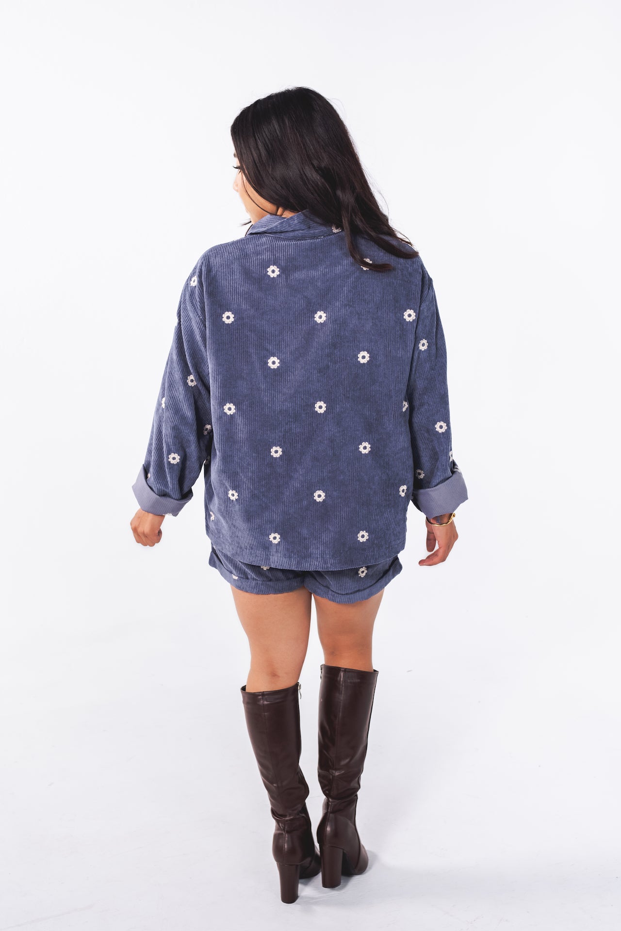 Flower Navy Corduroy Button Down-Set