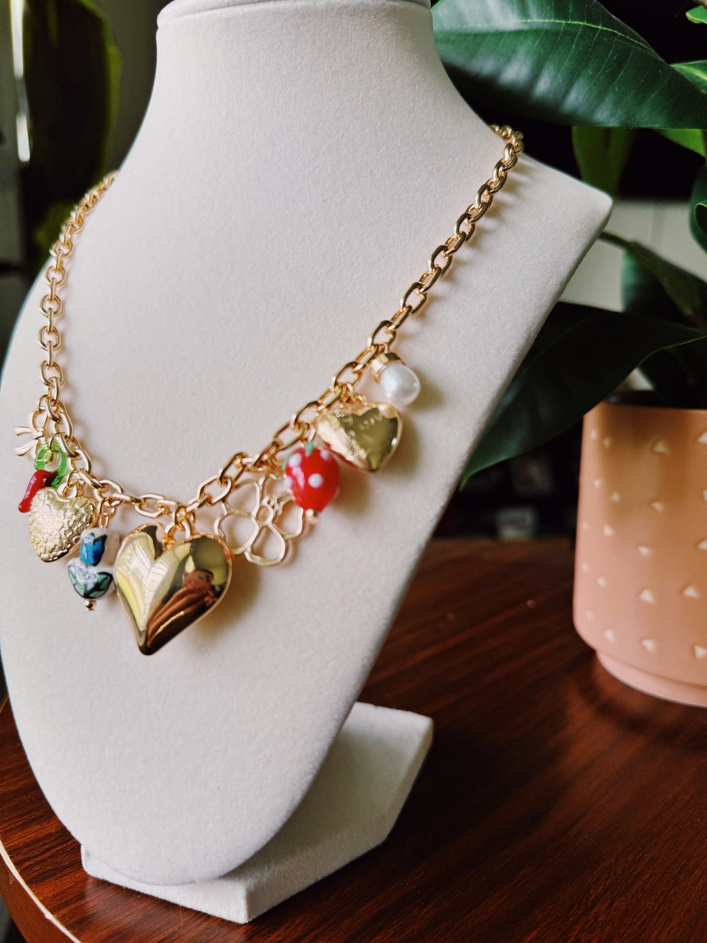 Heart-Strawberry Gold Multi-Charm Necklace