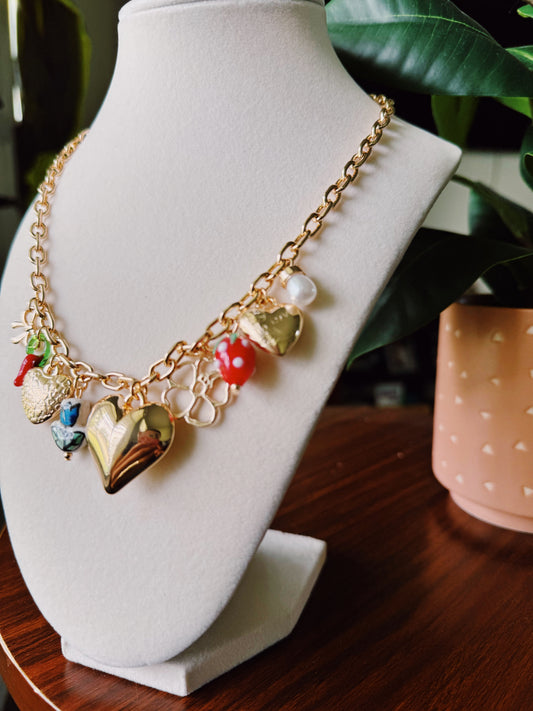 Heart-Strawberry Gold Multi-Charm Necklace