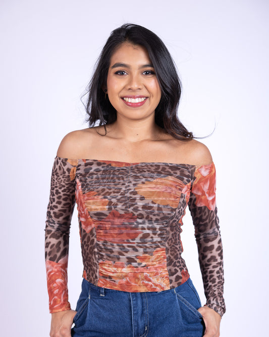 Tropileopard Ruched Long-Sleeve Top