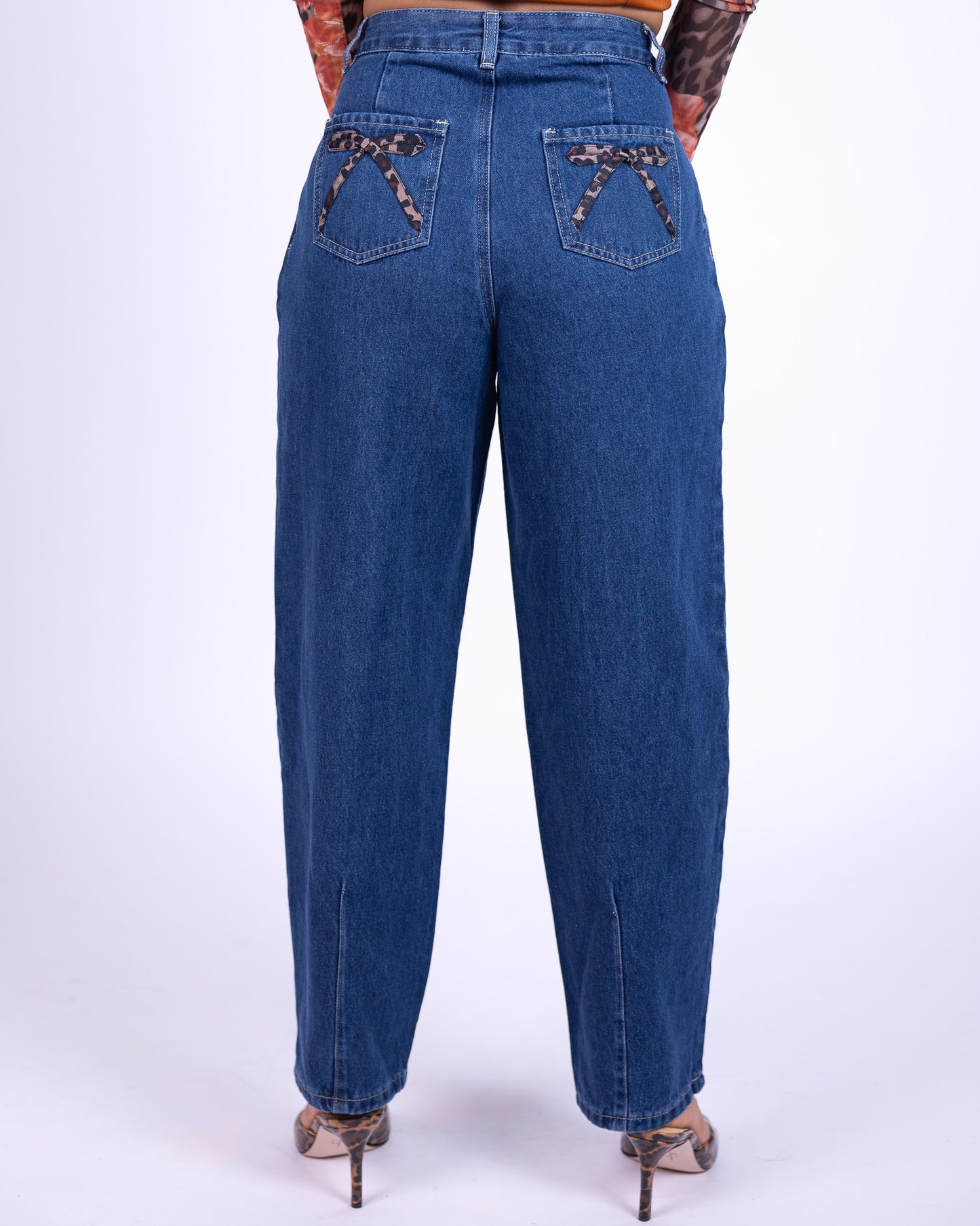 Leopard Bow Denim Barrel Pants