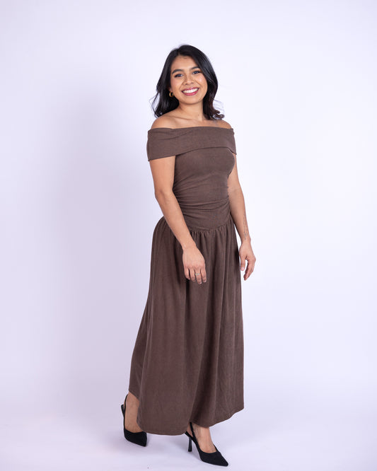 Brown babe Off-Shoulder Knit Midi Dress