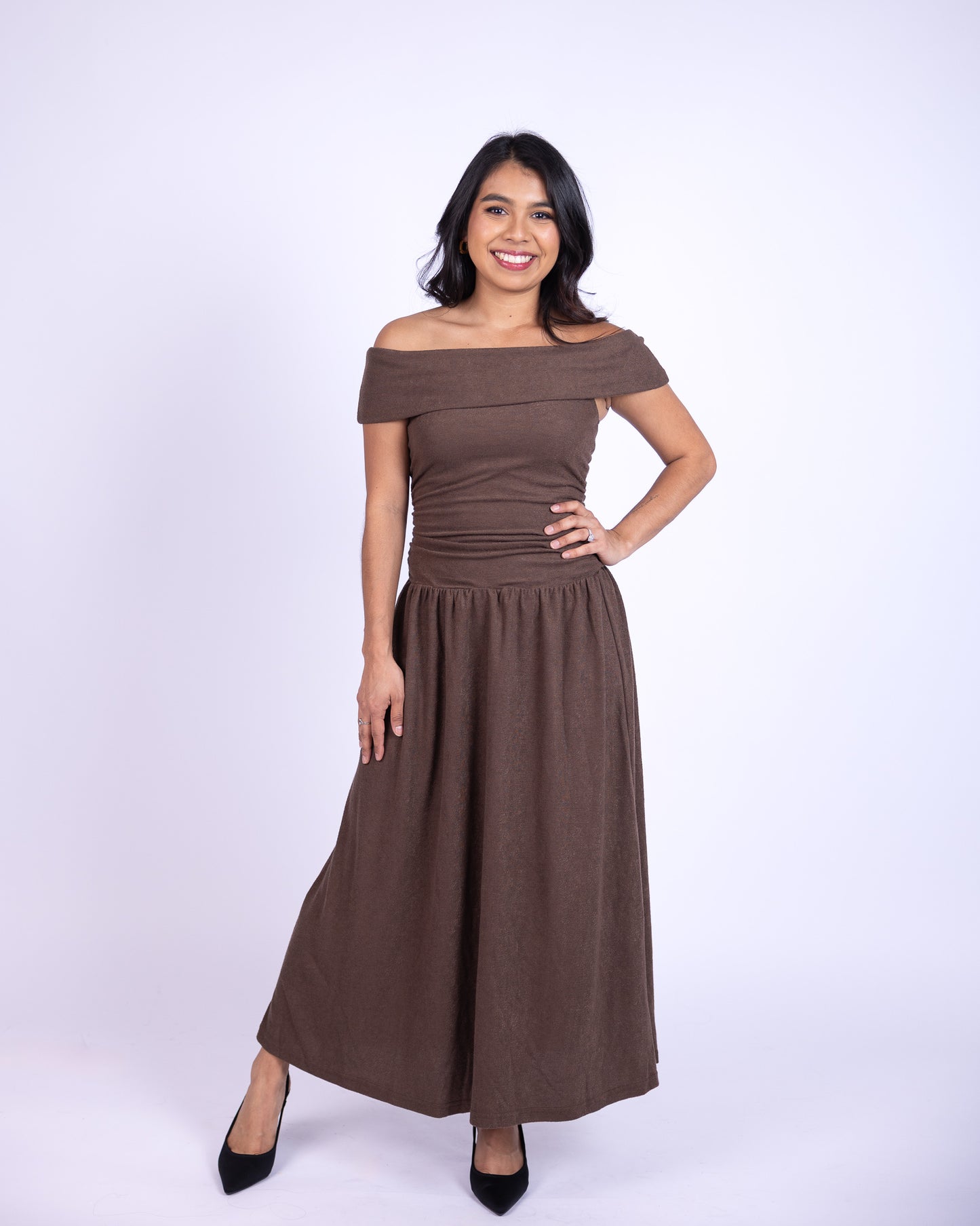 Brown babe Off-Shoulder Knit Midi Dress