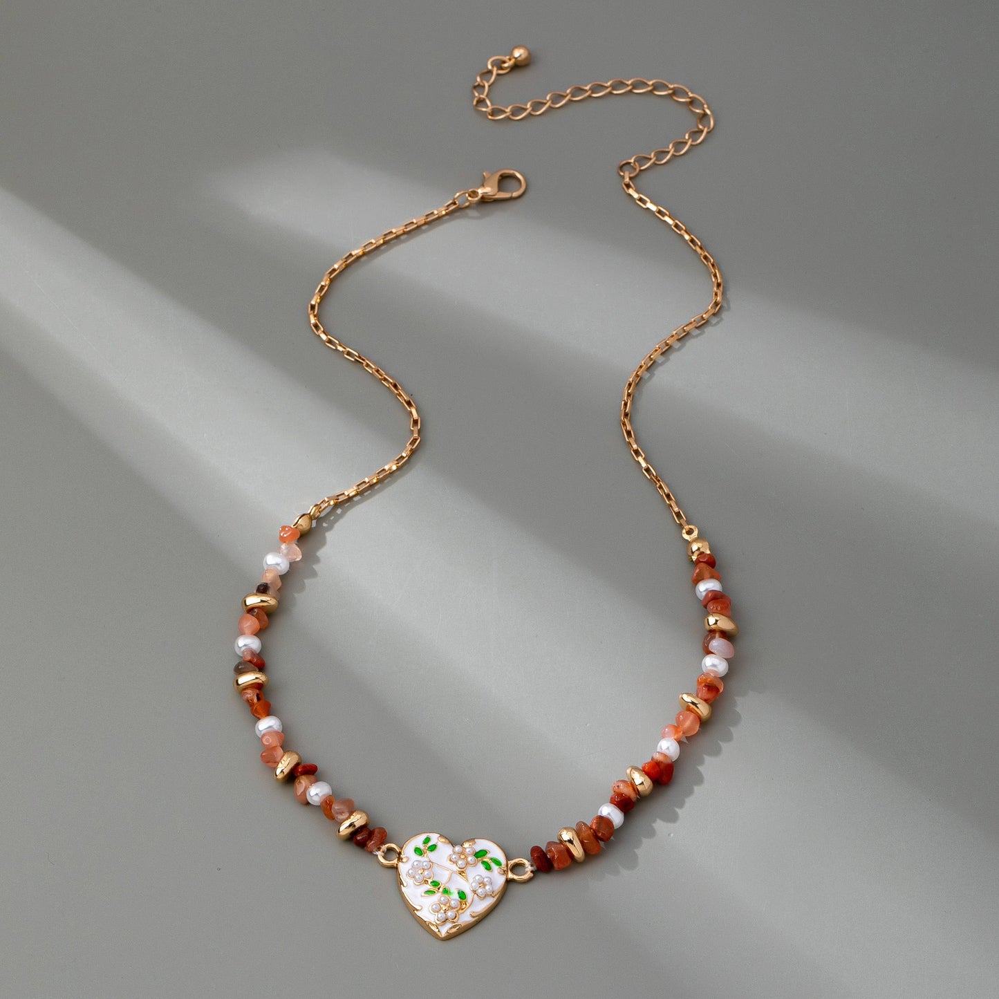 BEADED STONE CHAIN FLORAL PEARL HEART CHARM