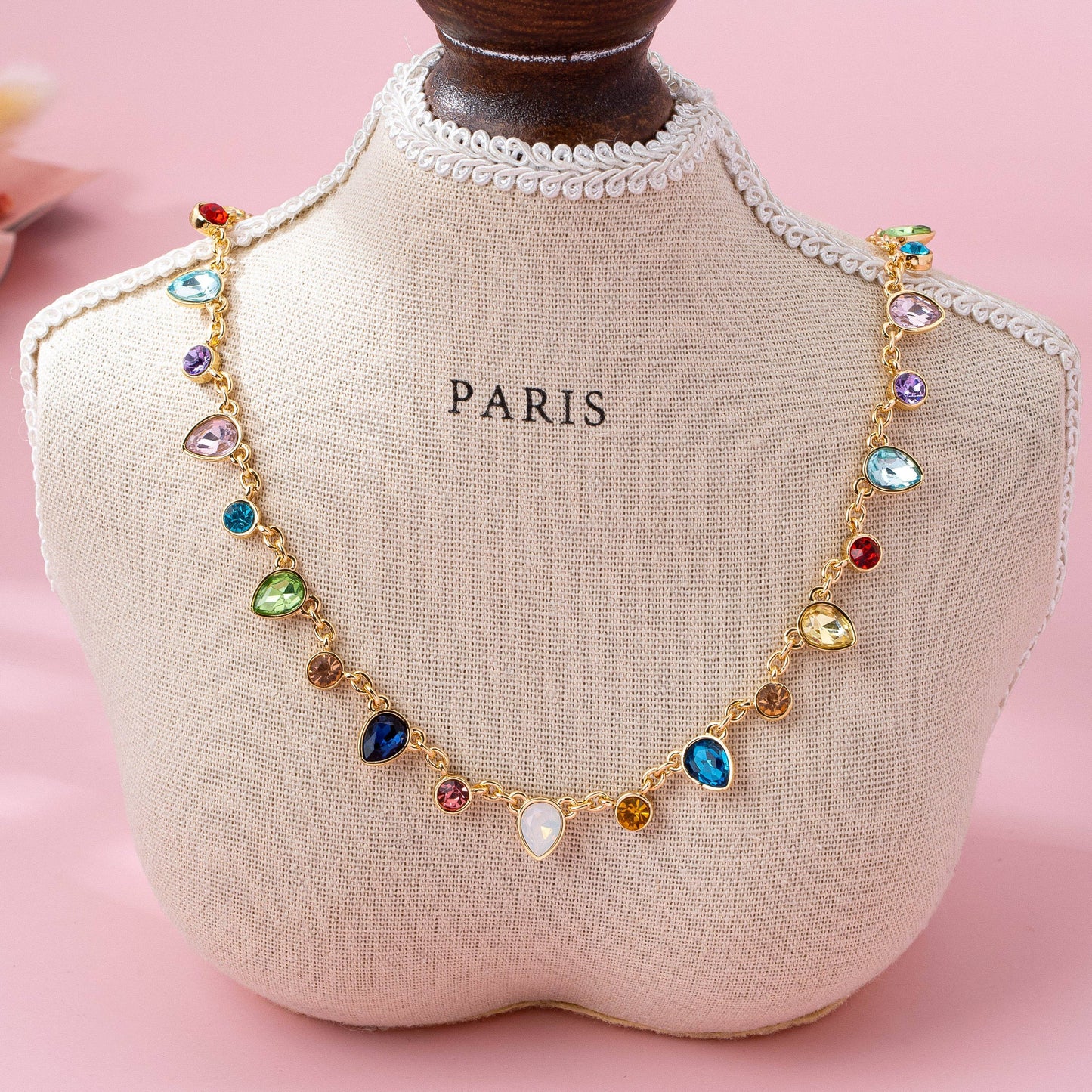Rainbow Teardrop Gemstone Charm Necklace