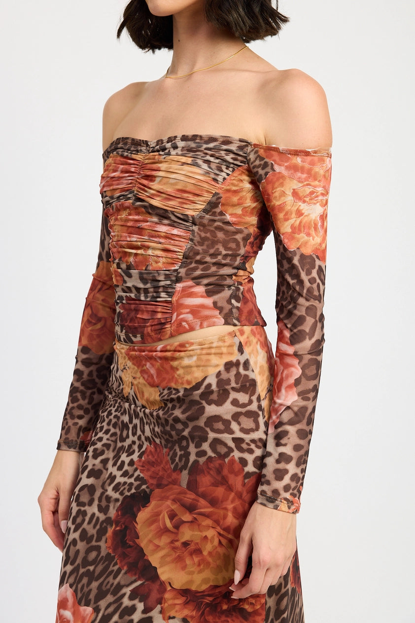 Tropileopard Ruched Long-Sleeve Top