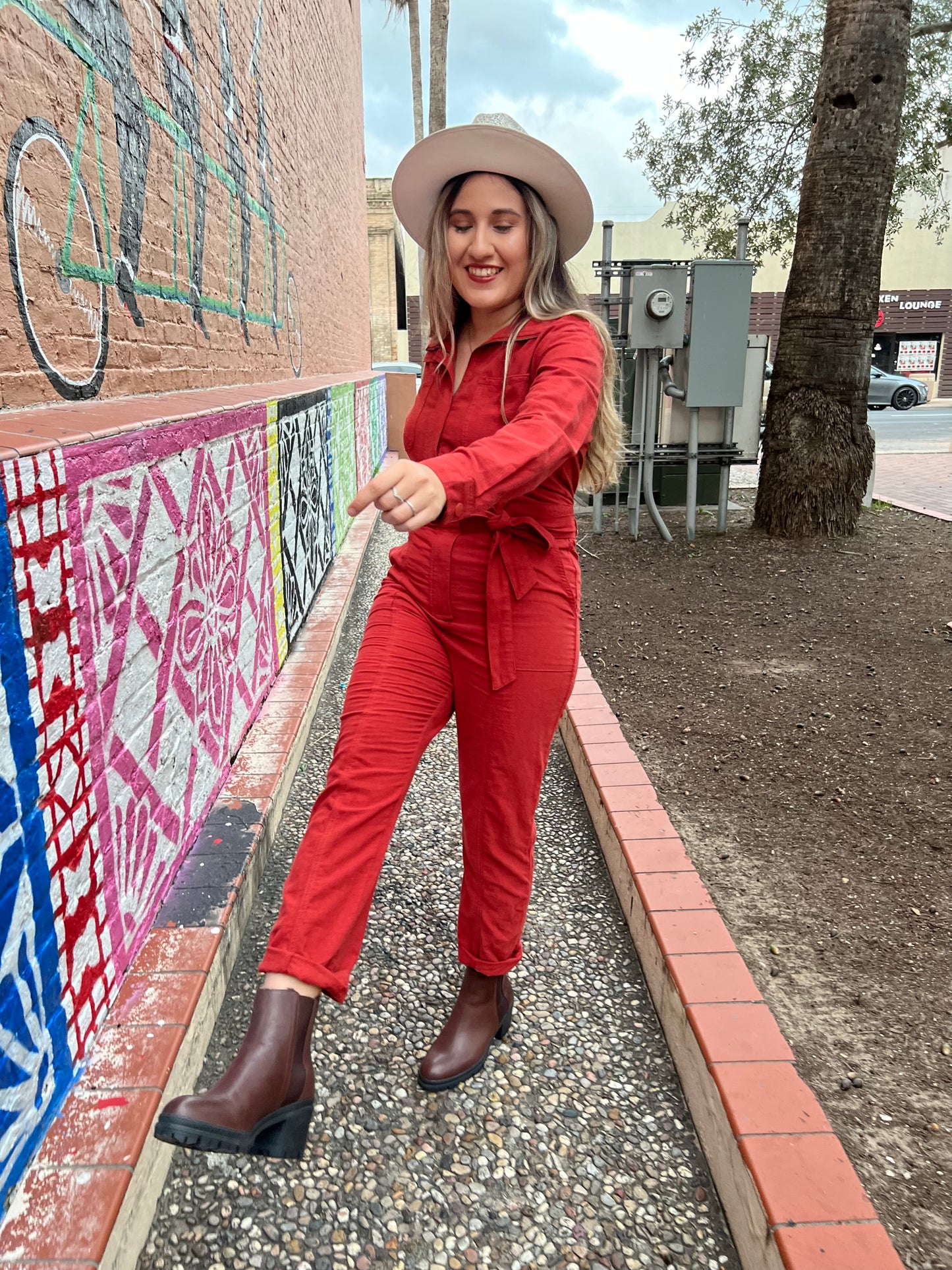 Rust Utility Jumpsuit with Waist Tie