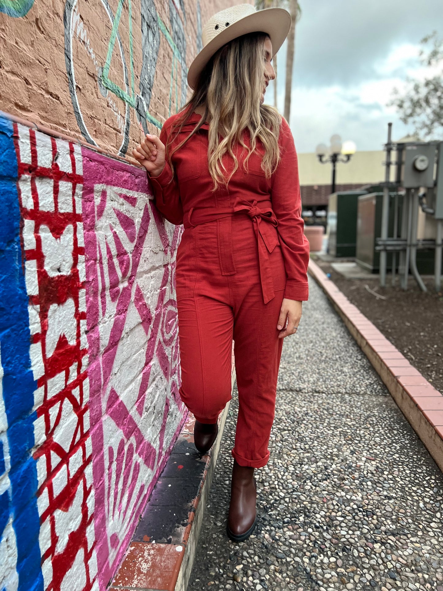 Rust Utility Jumpsuit with Waist Tie