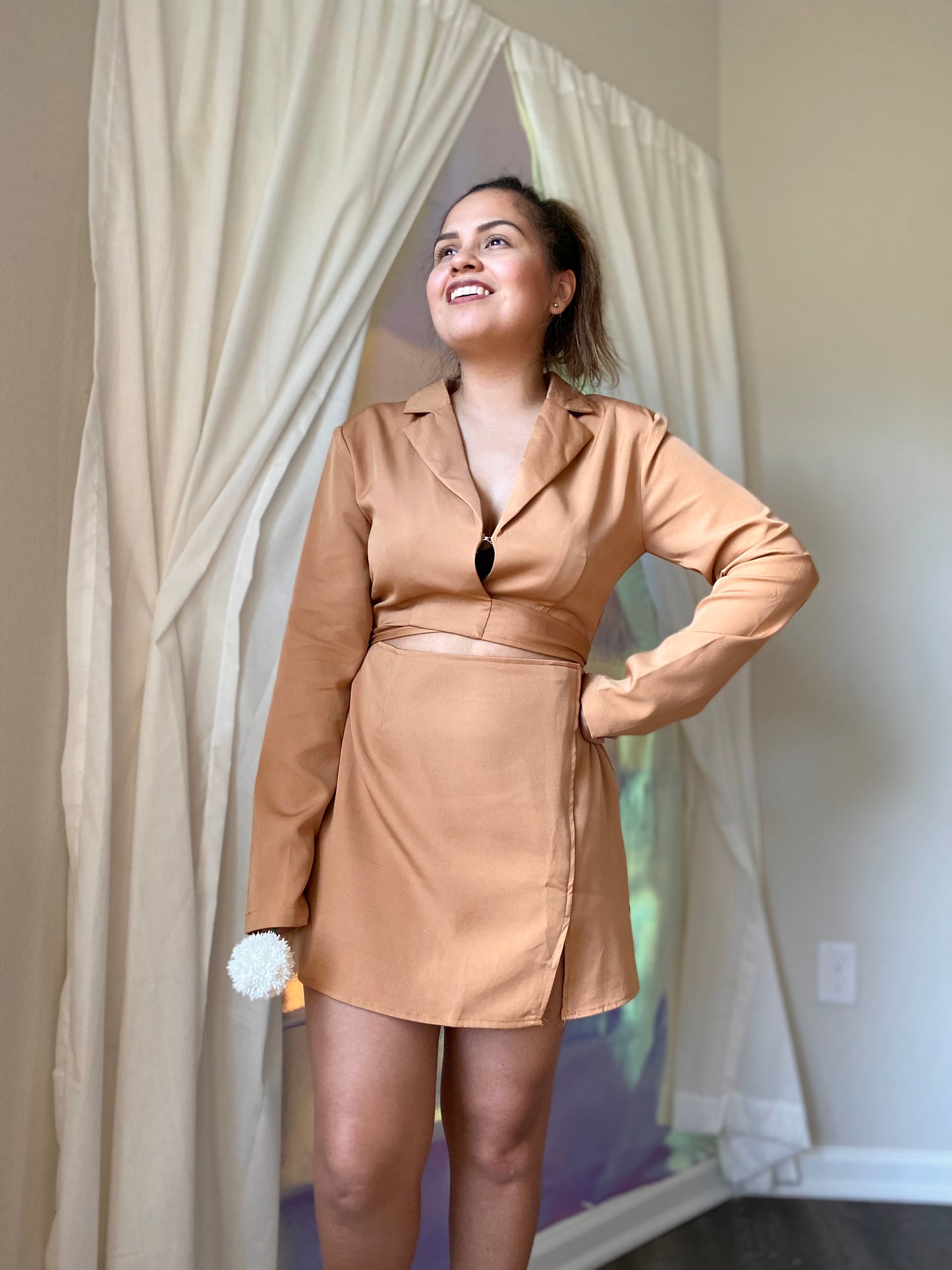 Camel Long Sleeve Mini Dress