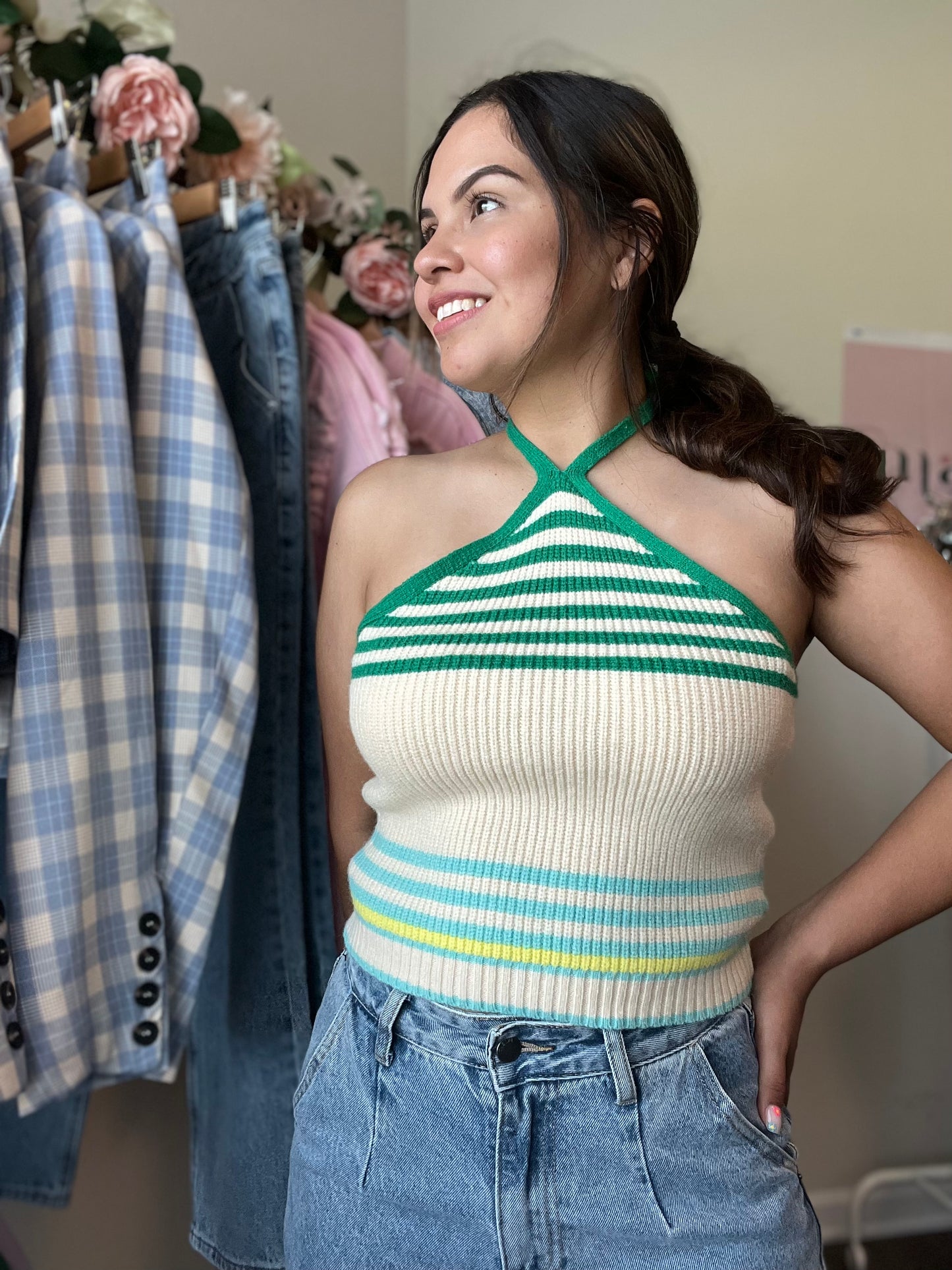 Retro Stripes Weaved Halter Top