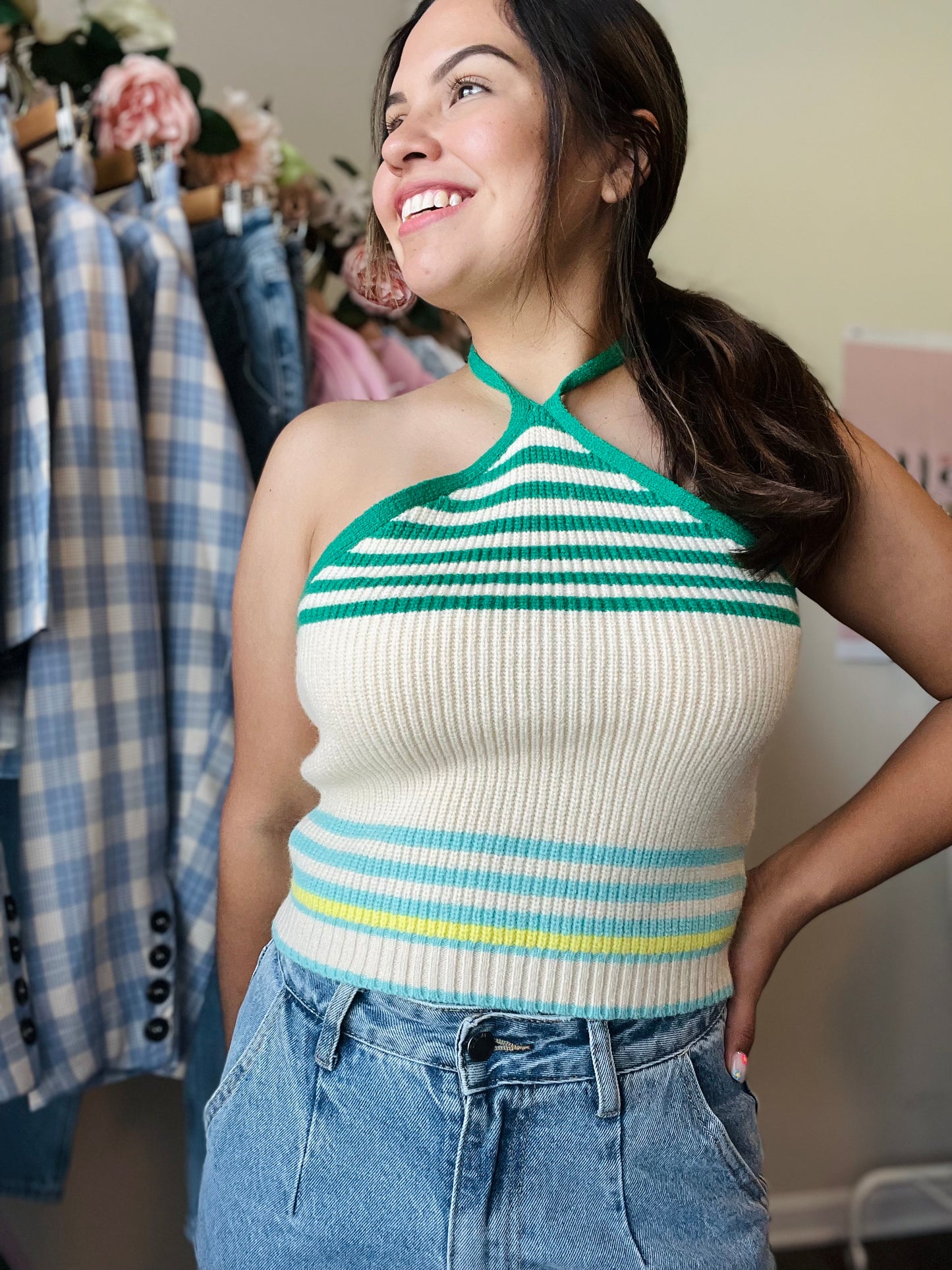 Retro Stripes Weaved Halter Top