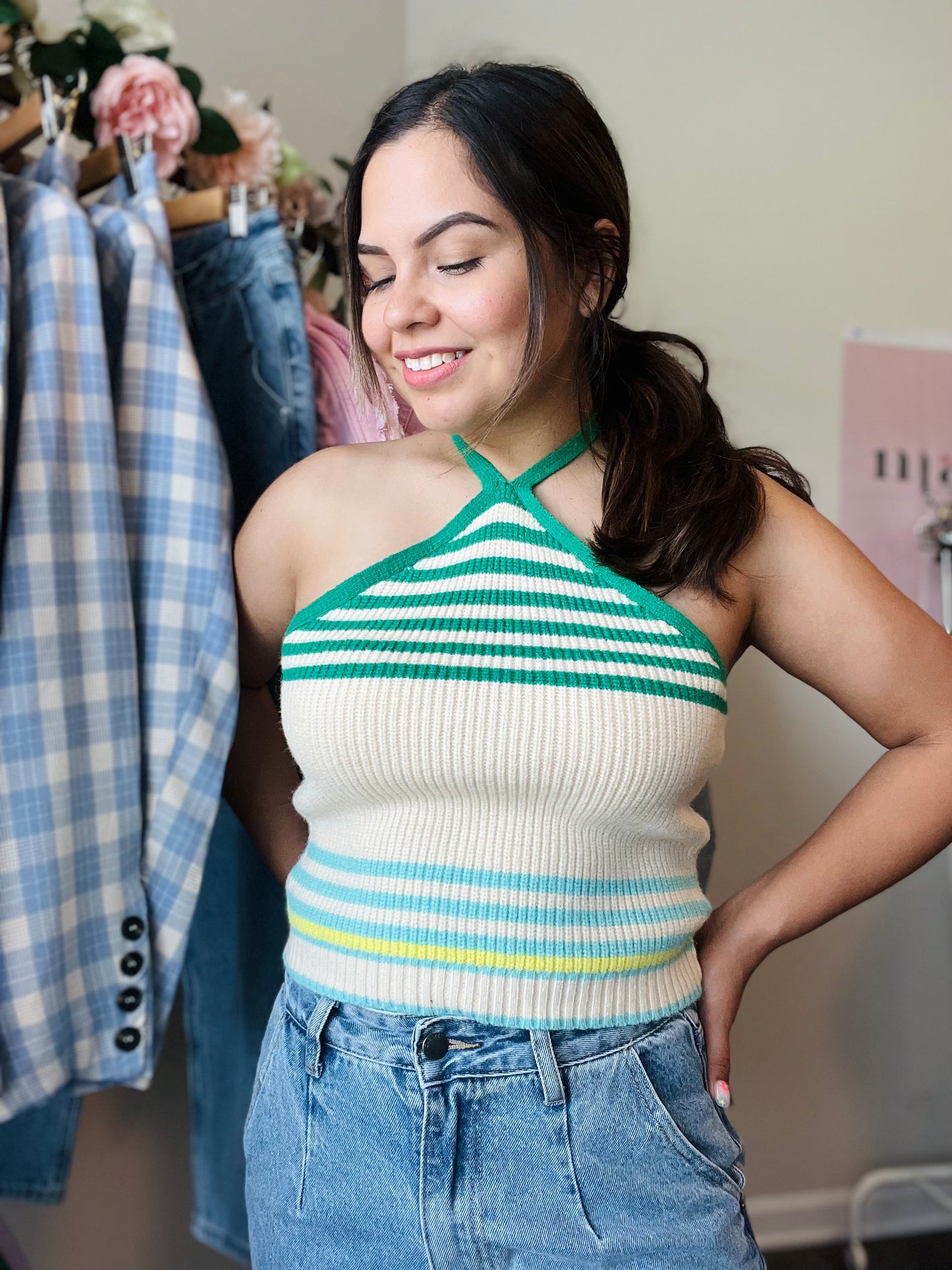 Retro Stripes Weaved Halter Top