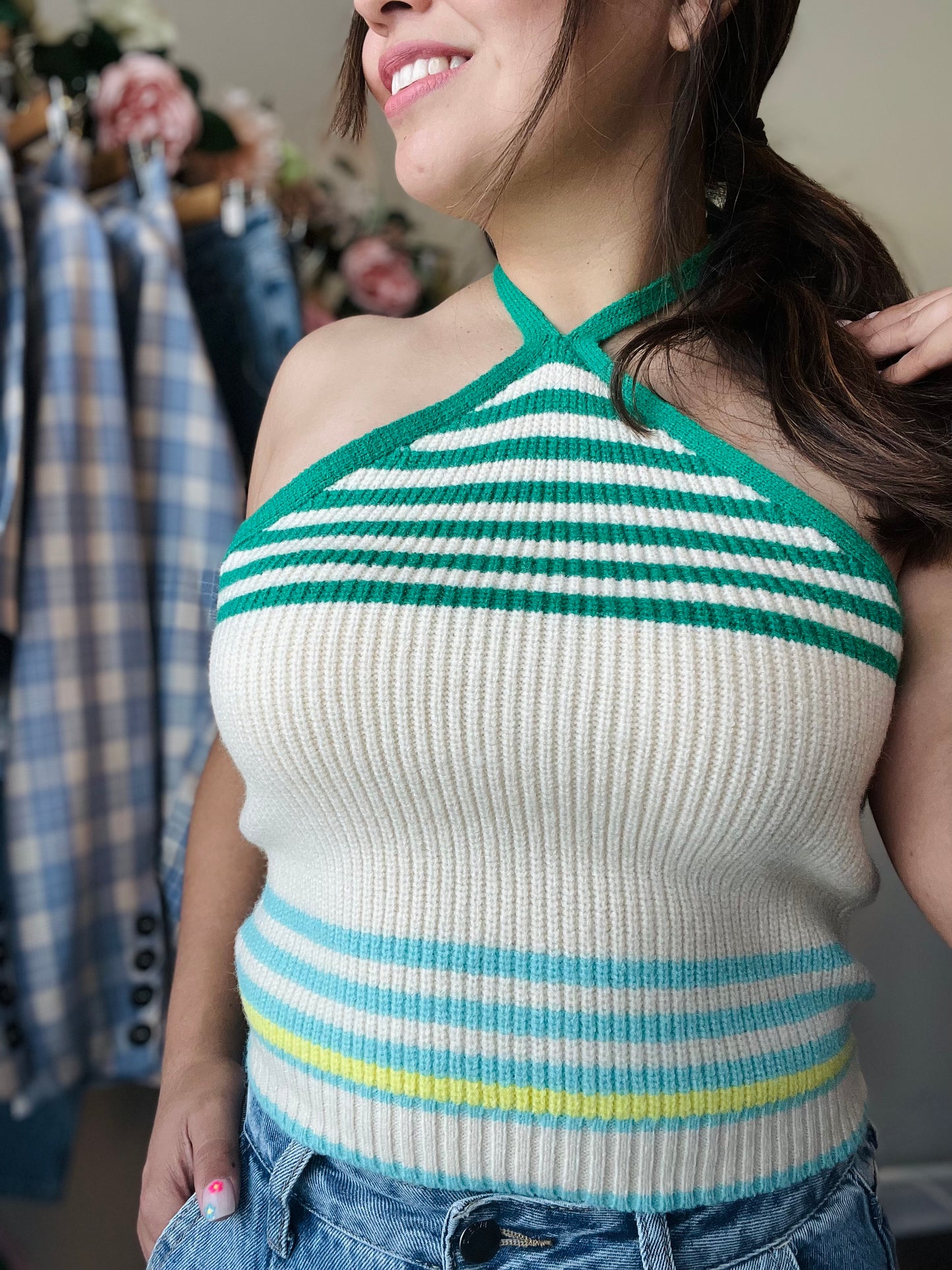 Retro Stripes Weaved Halter Top